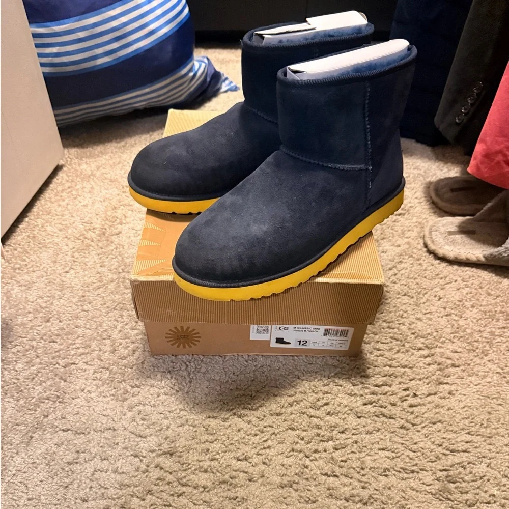 UGG Men's classic mini Navy Suede Boots with Bright Yellow Sole